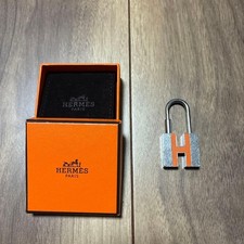 HERMES Cadena H Padlock Key Ring Charm Silver Orange with Box and Dust Bag 1.5"