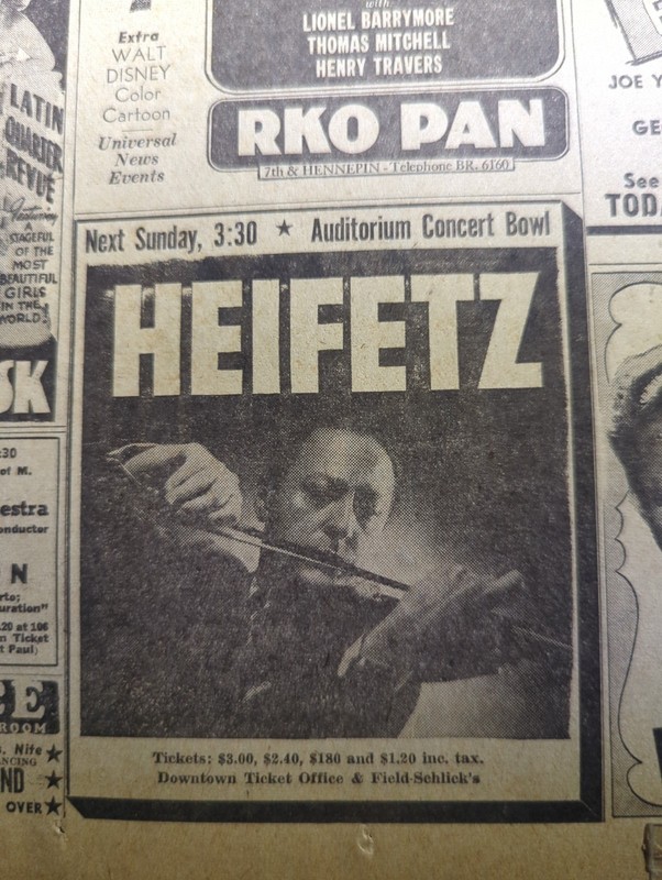 JAN 23, 1947 NEWSPAPER PAGE #2715A- JASCHA HEIFITZ, VIOLINIST, LIVE IN PERSON 