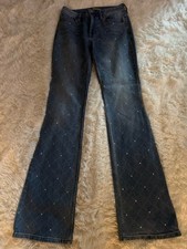 SHYANNE High Rise Flare Blue Rhinestone Stretch Denim Jeans with Pockets