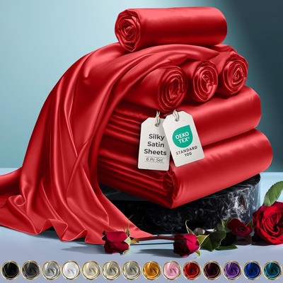 Red Satin Bed Sheets - 6 Piece Luxury Silky Full Size Bedding Set Valentines Day