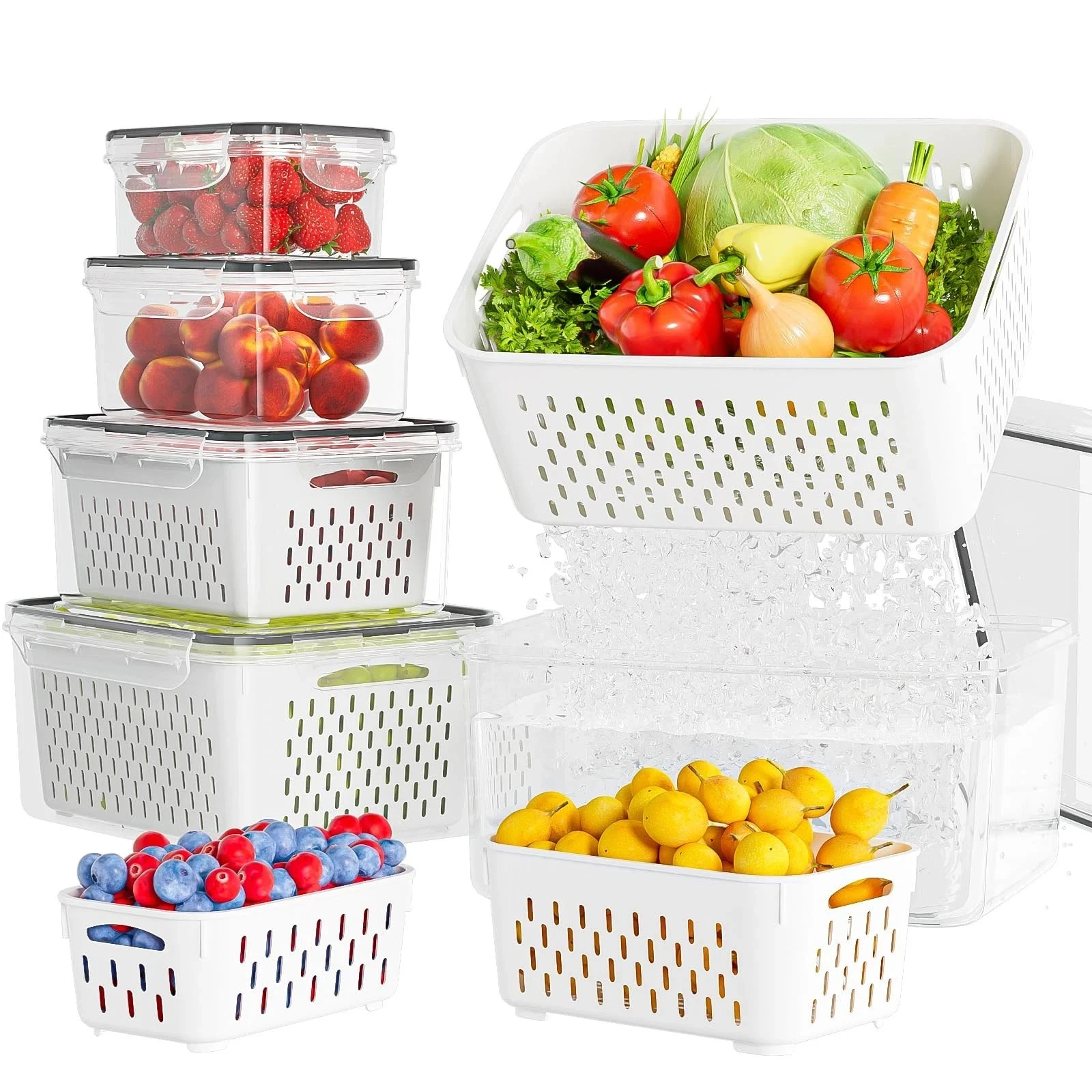 5 Pack Fruit Storage Containers for Fridge with Removable Colanders - Food St...