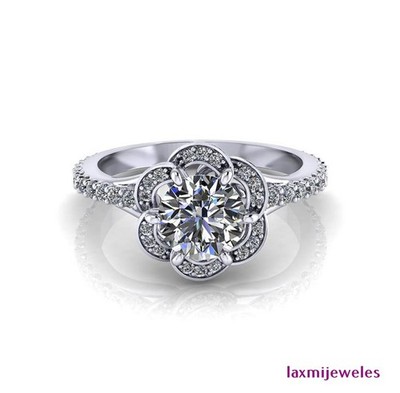 2Ct Round Lab Created Diamond Ring Scalloped Floral Halo Pavé 14K Gold Finish