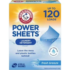 ARM & HAMMER Power Sheets Laundry Detergent, Fresh Breeze, 60 Count, 120 loads