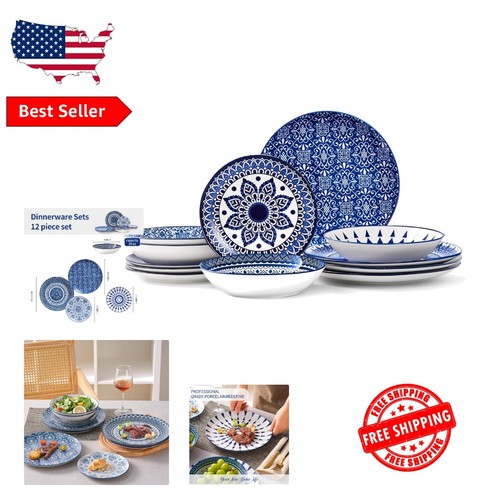 Durable 12-Piece Lead-Free Dinnerware Set - Stylish Blue Marble for Daily Use