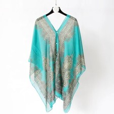 Women Beach Cover Up Chiffon Scarf Shawl in Paisley Design Turquoise 