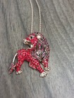 Betsey Johnson Red Crystal Roaring Lion Pendant on a Long Gold Necklace New!