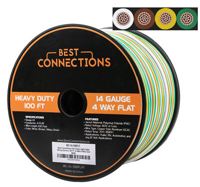 4 Way Bonded Flat Trailer Wire (100 Feet)   14 Gauge 4 Single Conductor Durable