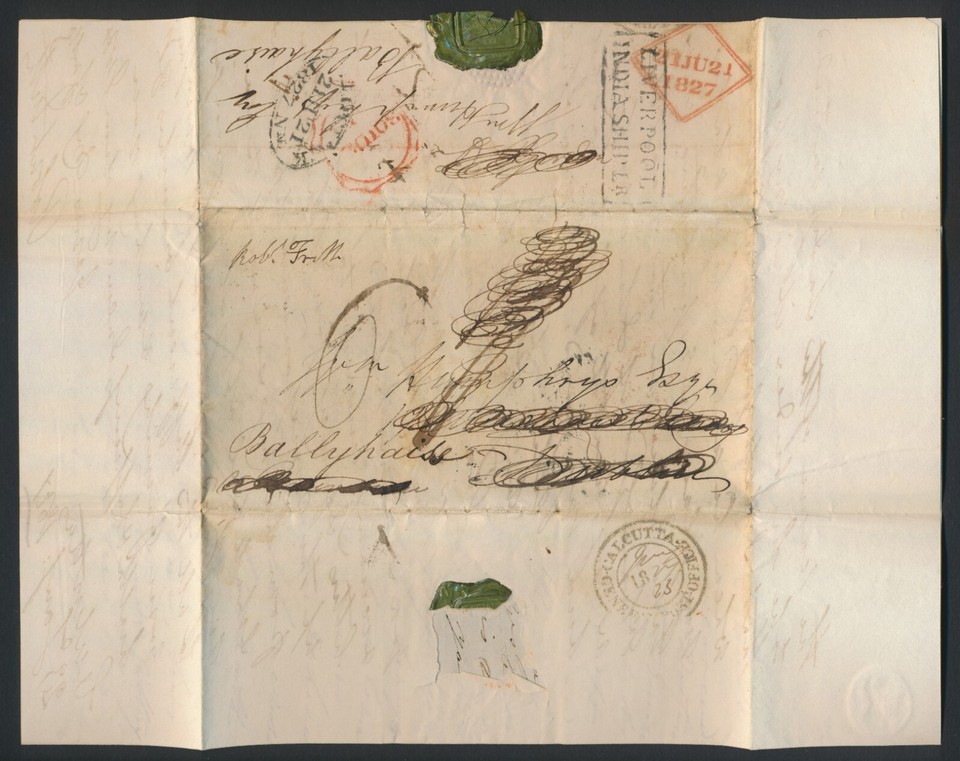 1827 INDIA COVER TO IRELAND CALCUTTA POST OFFICE, LIVERPOOL INDIA SHIP