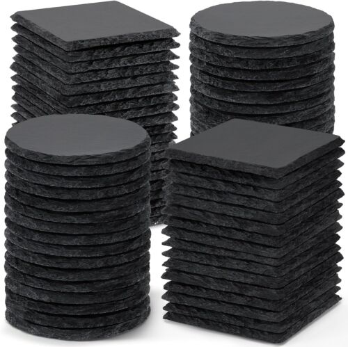 72 PCS Slate Coasters, 4 Inch 36 PCS Square Stones and 36 PCS Round Slate Black