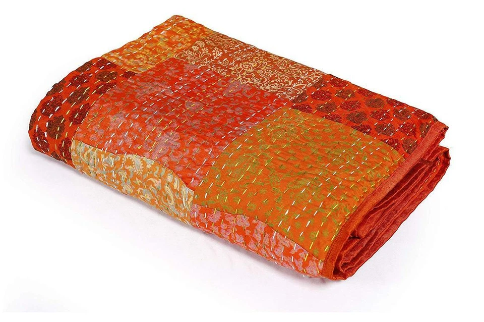 Handmade Vintage Patchwork Silk Kantha Throw Bedspread Embroidery Kantha Quilt - Image 2 of 4