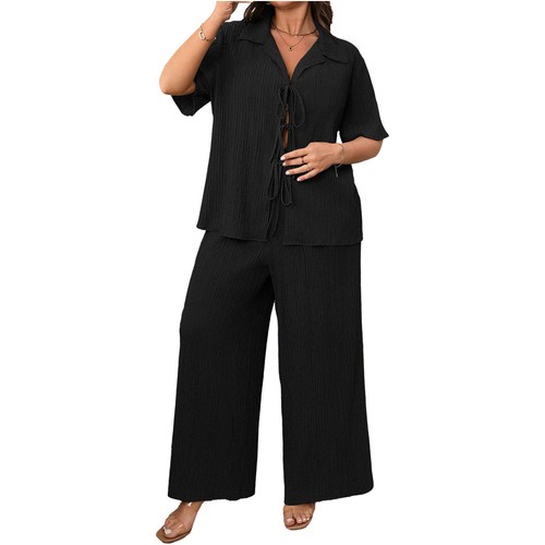 Mujeres Conjuntos Solapa Chándal Pantalones Conjuntos Verano Manga Corta Acanalado Top Suelto - Imagen 17 de 33