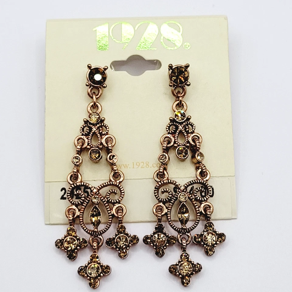 Pendientes perforados dramáticos con araña de cristal de 1928 cristales ámbar tono cobre Foto 3 de 4