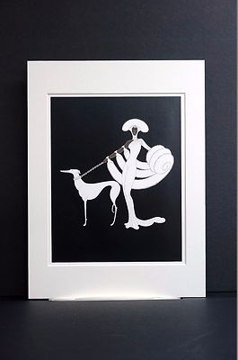 Erte 【Ebony and White】vintageitem 1980年代 Erte 1987 EBONY and WHITE BROWN SKINNED LADY in FUR w GREYHOUND