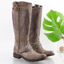 SENDRA Women's Riding Boot Size 8 Tall Distress Crackle Finish Leather Tan Taupe