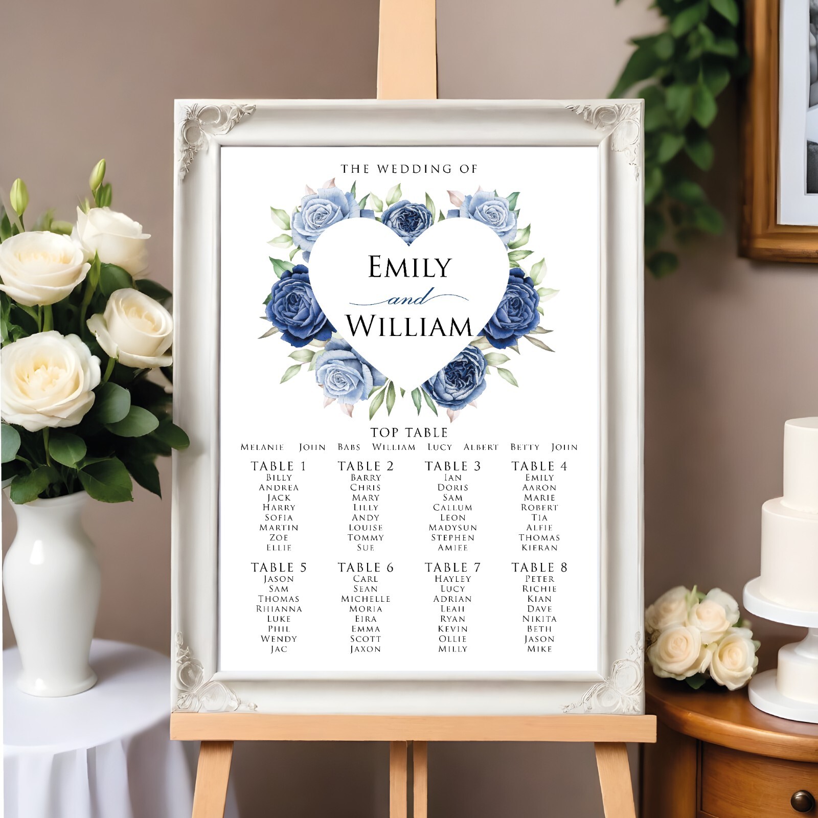 Wedding Seating Table Plan, Heart Blue Flowers, Reception Seating Plan