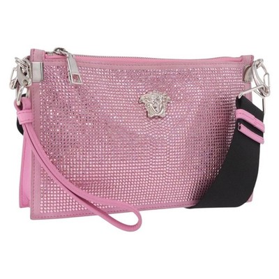 VERSACE Shoulder Bag Leather Pink Silver Auth BA13994A