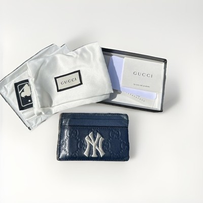 Gucci x MLB NY Yankees GG Monogram Card Holder Wallet Navy Blue Leather Italy