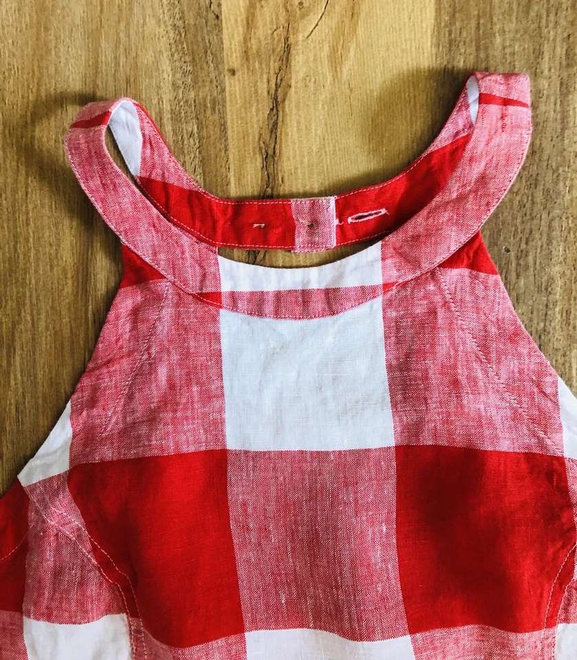 Crown And Ivy Red White 100% Linen Button Back Tie Waist Side Zip Blouse Size 10 - Image 3 of 4