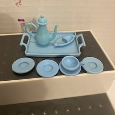 Vintage Mattel 1983 Barbie Blue Tray And Teapot Plates Dishes Lot