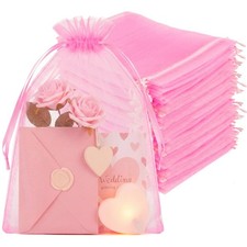 50PCS Pink Organza Bags 8x12 Large, Mesh Bags Drawstring Gifts Treats Wedding