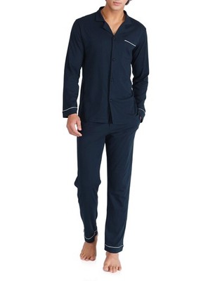 DAVID ARCHY Mens Pajamas Set Soft Cotton Notched Collar Large, Navy Blue 