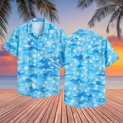 #ad Blue Ocean Palm Tree Sailboat Summer Hawaiian Shirt $30.00