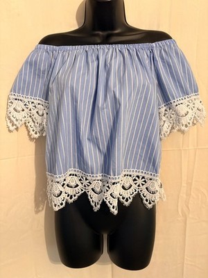 Women's Clothing: Ambiance Blue & White Striped Top with Lace Edging Detail
