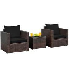 Patiojoy 3PCS Patio Rattan Furniture Set with 2 Cushioned Sofas & Coffee Table