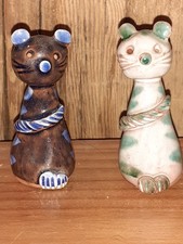 CAT ORNAMENTS VINTAGE MINATURE 1960 CERAMIC PAIR OF HAND PAINTED?