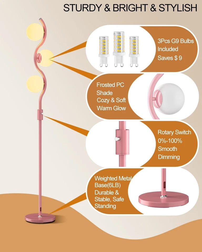 3-Globe Dimmable Pink Floor Lamp | Mid Century Modern Standing Lamp with 3PCS... - Image 3 of 4