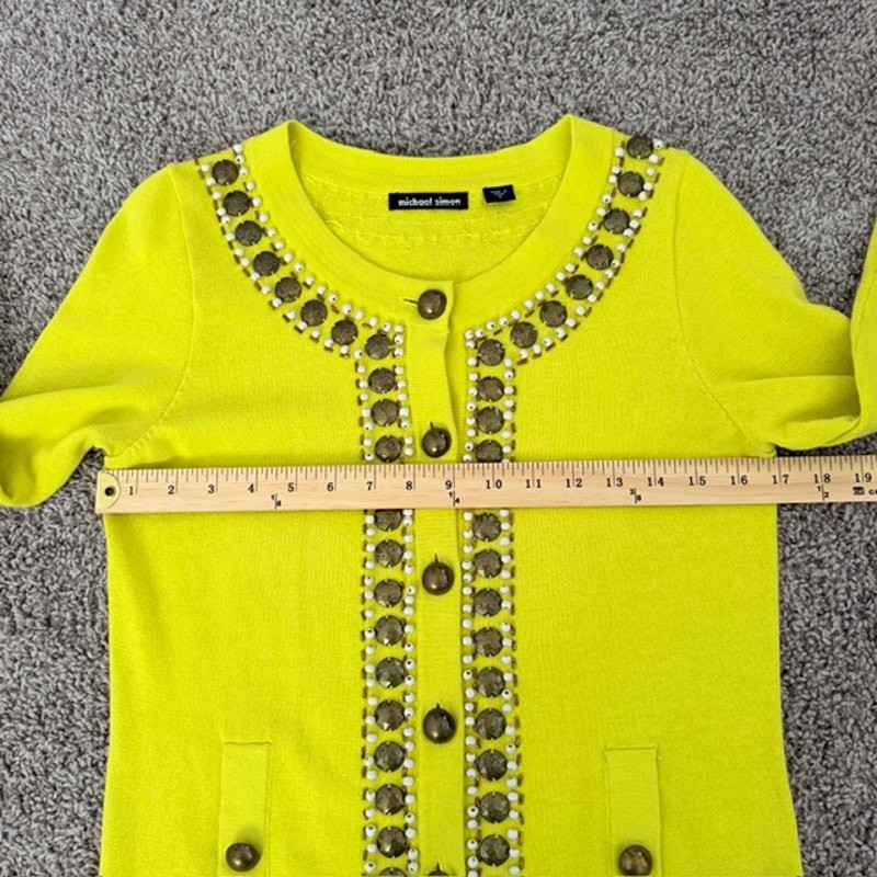Michael Simon Cardigan Chartreuse Yellow-Green Embellished Beads Women's Small View 6