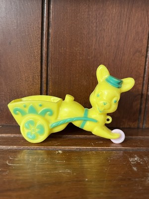 Vintage Yellow Celluloid Rosbro Easter Bunny Pulling Cart