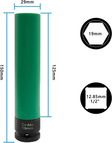 150mm Extra Long Style Wheel Lug Nut Deep Impact Socket Set 1/2"Dr 19mm Green - Picture 2 of 4