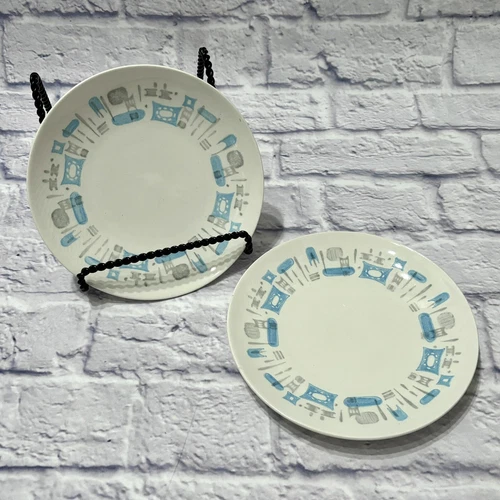 Vintage MCM Blue Heaven Salad Plate Set of 2 Royal China Atomic Retro Blue Gray