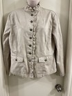 CHICO's Size 1 Khaki Tan Embossed Button Front Jacket Blazer Ruffle Trim  — photo 1