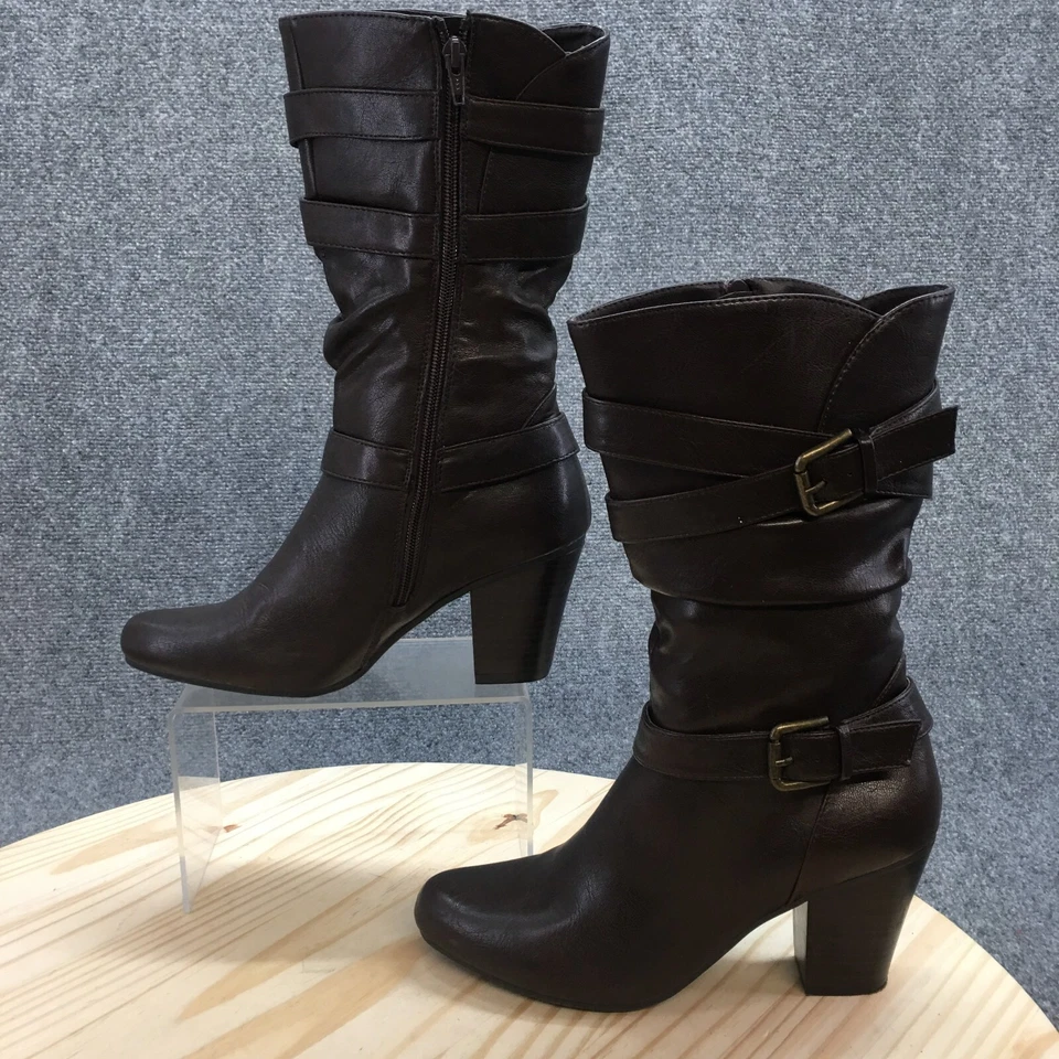 Apt. 9 骑马靴女式 8M 棕色中筒杏仁鞋头块休闲皮革 — 第 3/4 张图片