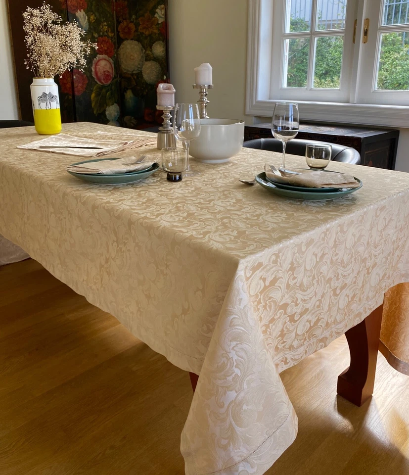 Deluxe Italian Jacquard Tablecloth Dining Set Embroidery 180x350x12people Beige - Image 2 of 4