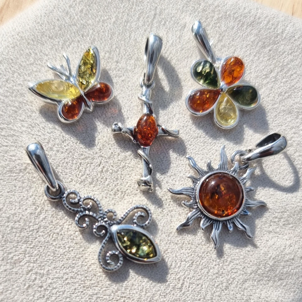 Lotto 5 Ambra Baltica & 925 Massiccio Sterling Argento Sterling Pendente - Immagine 2 di 4