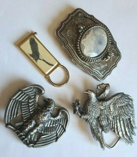 vtg AMERICAN EAGLE pewter silvertone BELT BUCKLES keyring Blue Jasper Agate