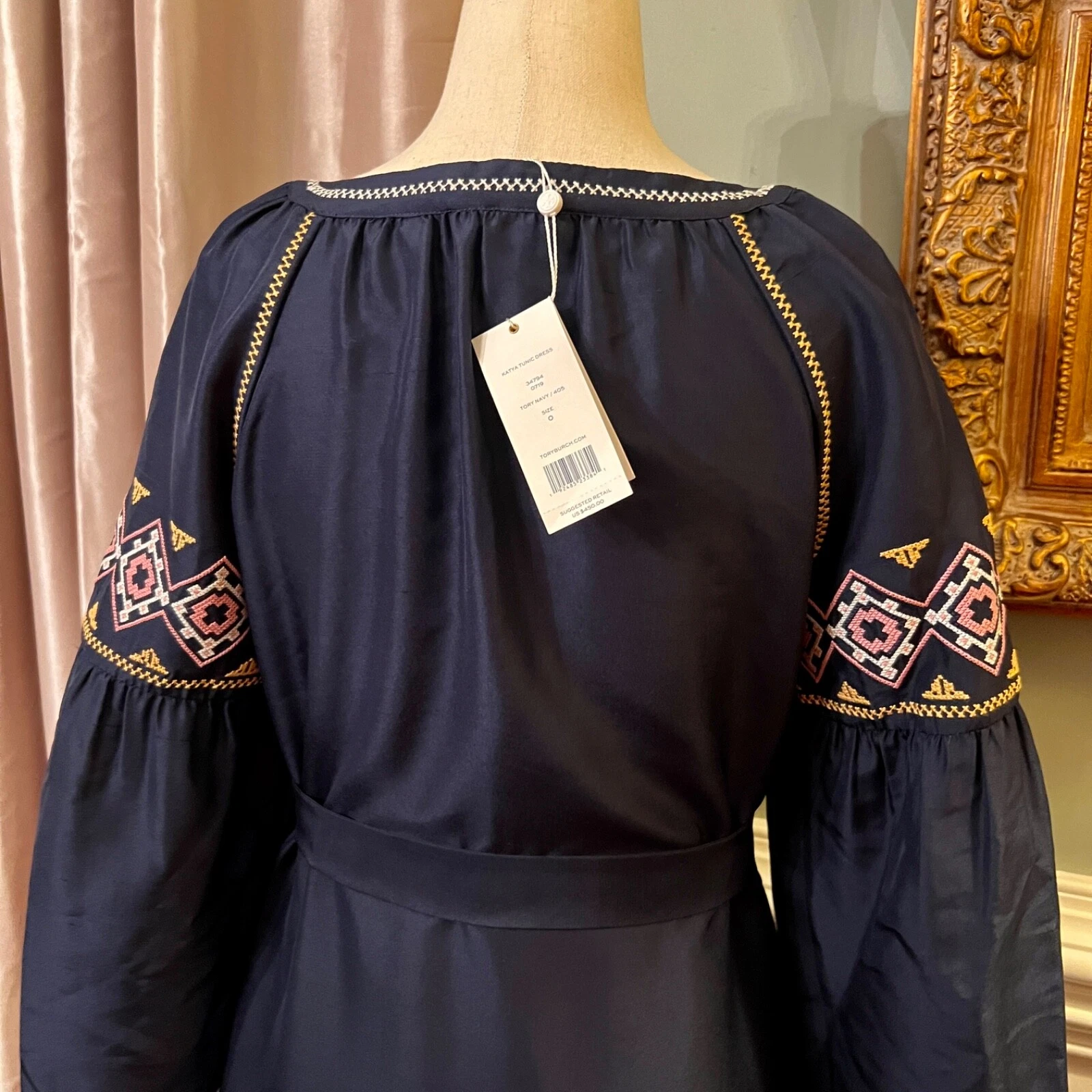 Abito a tunica ricamato stile midi Tory Burch Katya $450 nuovo con etichette verde navy taglia 0