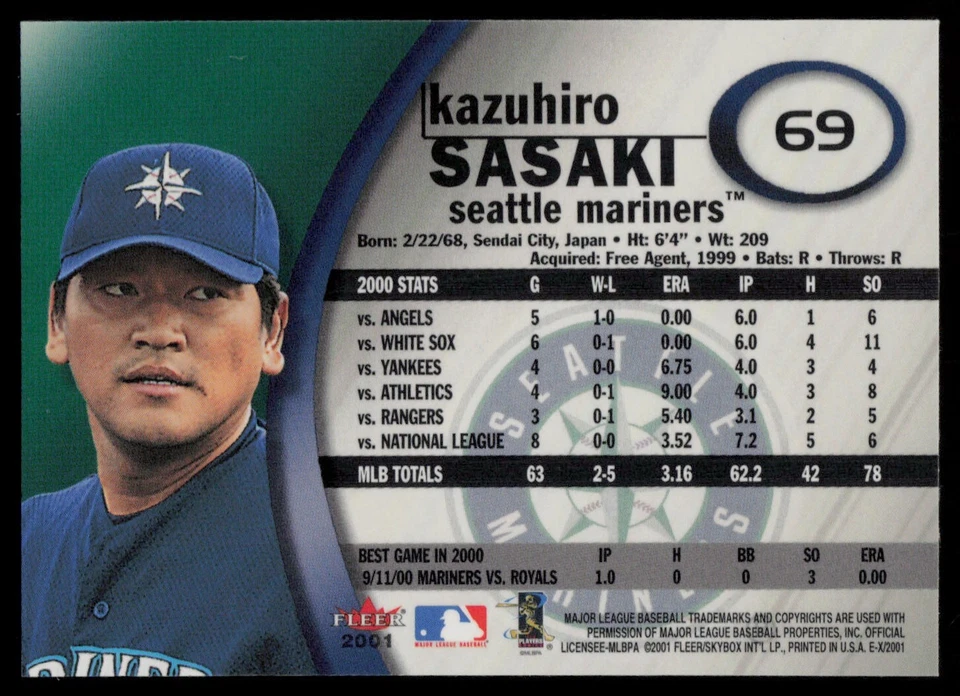 2001 EX - Kazuhiro Sasaki #69 Mariners - Image 2 of 2