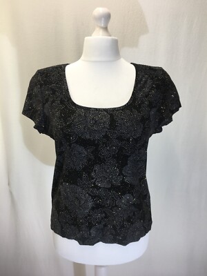 Women's black, sparkly patterned blouse. Short sleeves. UK Size 18. M&Co brand.