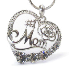  1 MOM Crystal Heart Pendant Necklace White Gold Mother's Day