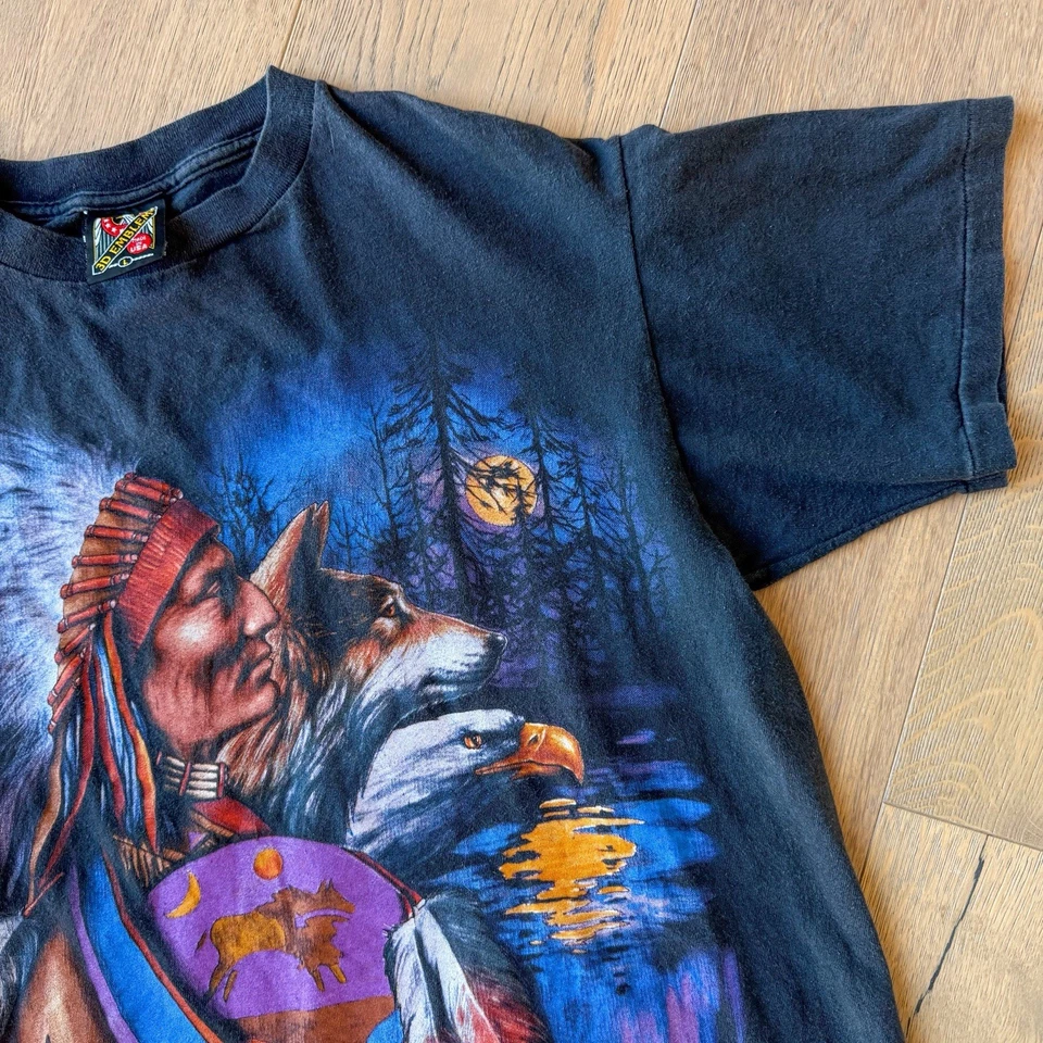 Camiseta De Colección Años 90 Desteñida Negra 3D Emblema Nativo Americano Lobo Naturaleza Talla L Foto 4 de 4