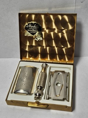 Vintage Marhill Fifth Ave NY Compact Gillette Shaving Kit Guilloche Engraved 