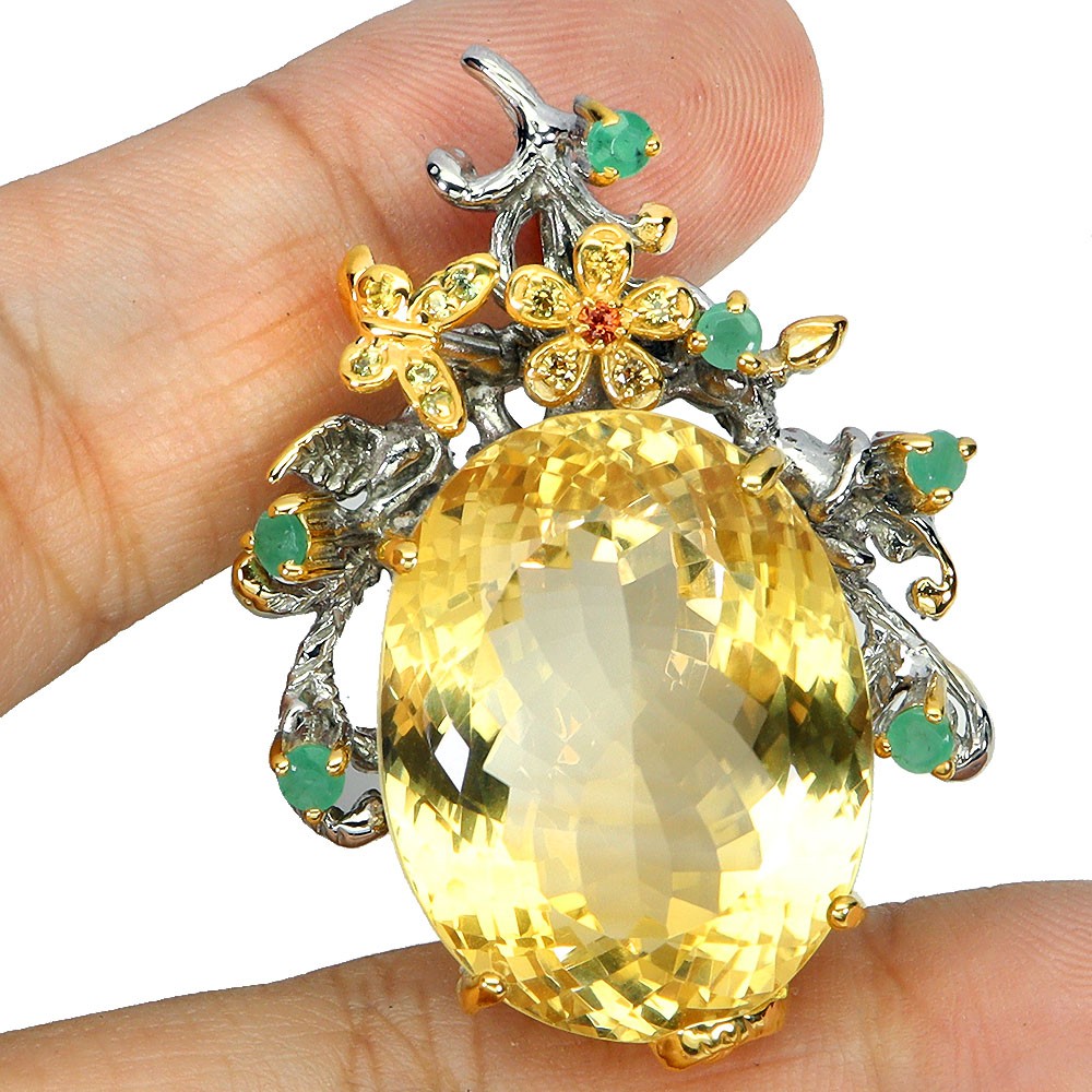 925 Sterling Silver Pendant Oval Citrine 59ct Emerald Handmade Gemstone Jewelry