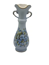 Vintage LEFTON PRIME #7904 Powder Blue FLORAL Matte Finish Double Handle VASE 6"