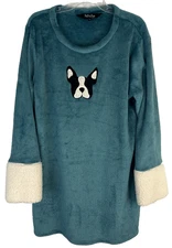 Soft & Cozy Company Pullover Fleece Top Womens M/L Teal Sherpa Boston Terrier