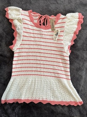 Boutique Pink Striped Ruffle Sleeve Sweater Top New W Tags Easel LA Sz Small
