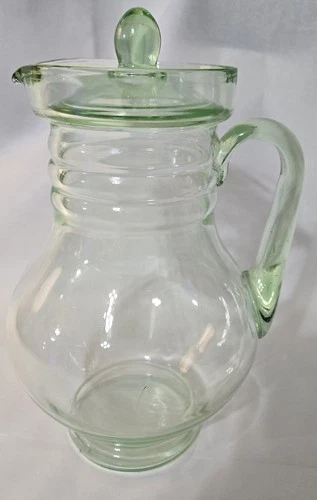 Vintage Depression Glass Ribbed Uranium Green 11” Handled Pitcher w/ Lid